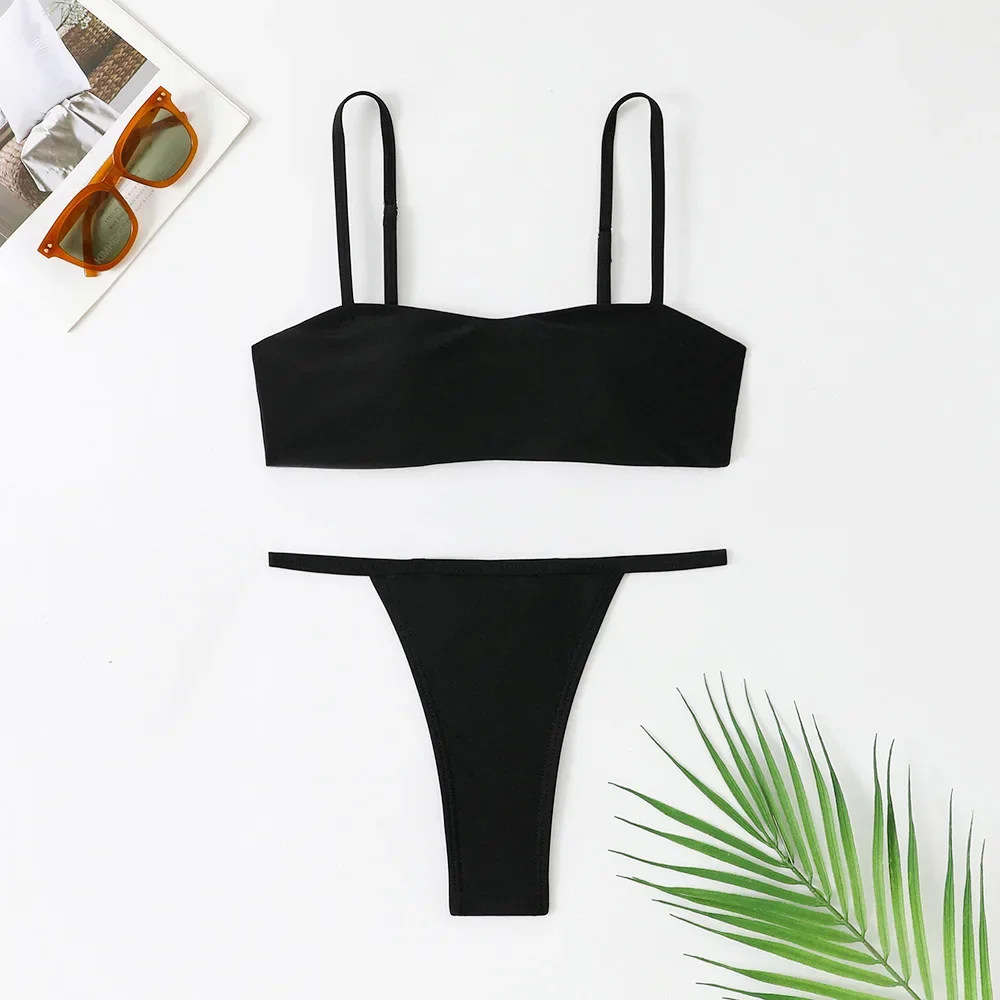

Sexy Micro Thong Bikinis Sets Two Pieces Swimsuit Black Bandeau Swimwear Summer Brazilian Biquini Beach Wear Bathing Suit Woman