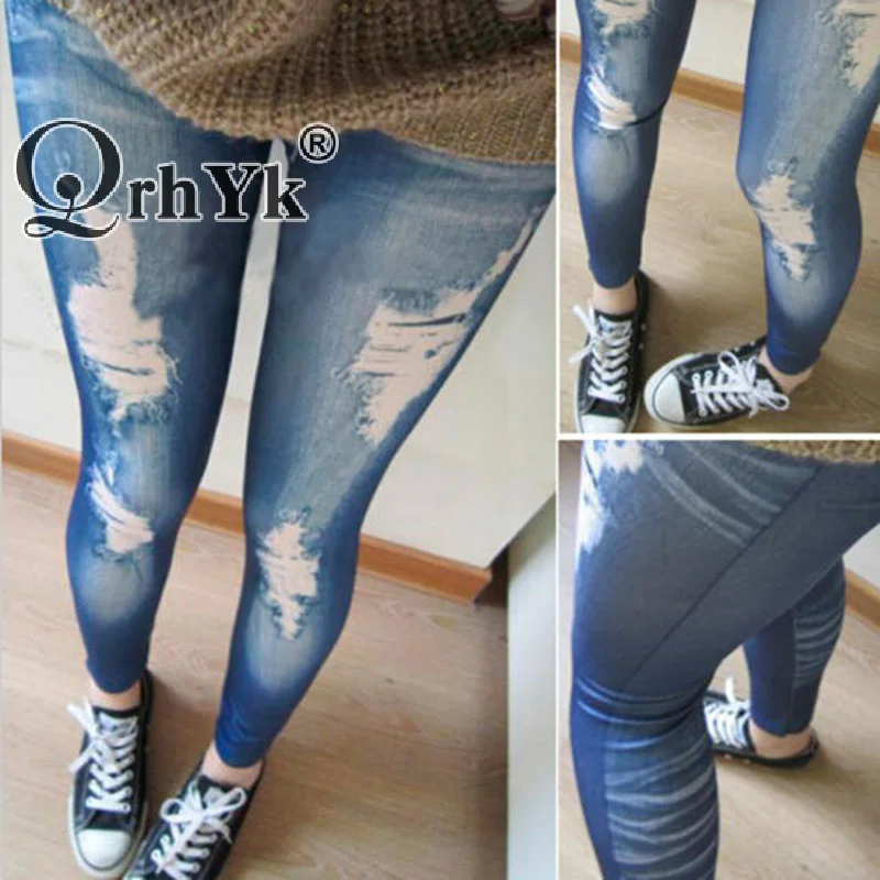 Leggings Skinny effetto jeans strappati da donna pantaloni Jeggings Slim blu nero