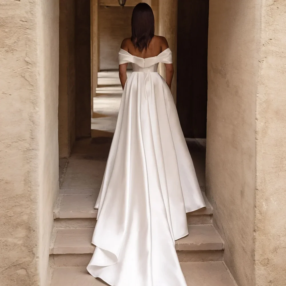 Elegant Dropped Strap Wedding Dresses A-Line Off The Shoulder Pearls Bridal Growns High Side Slit Vestidos De Novia Customized