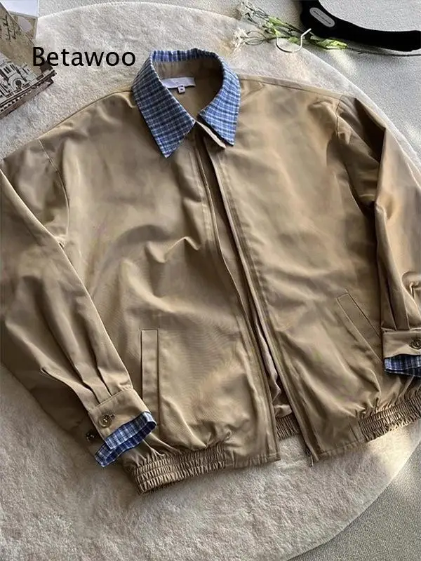 Men Lapel Collar Zip Up Jacket Plaid Spliced Cuff Design Loose Fit Windproof Outerwear for Business Casual Daily Wear