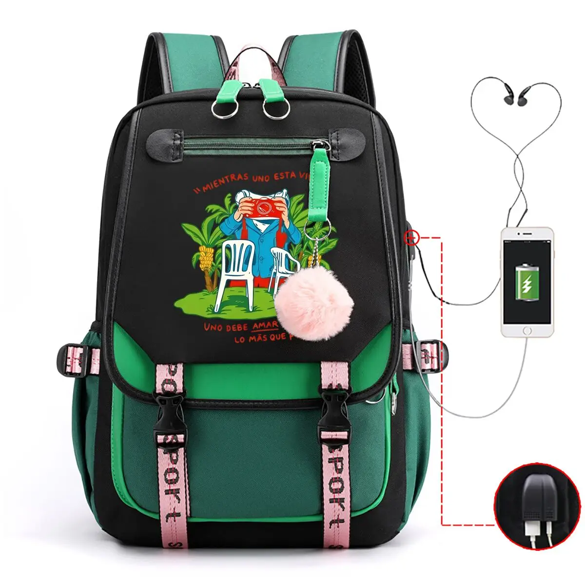 Trendy Color Block Backpack USB Charging Port Pop Singer Print Rucksack Teen Boys Girls Back To School Daily School Bag
