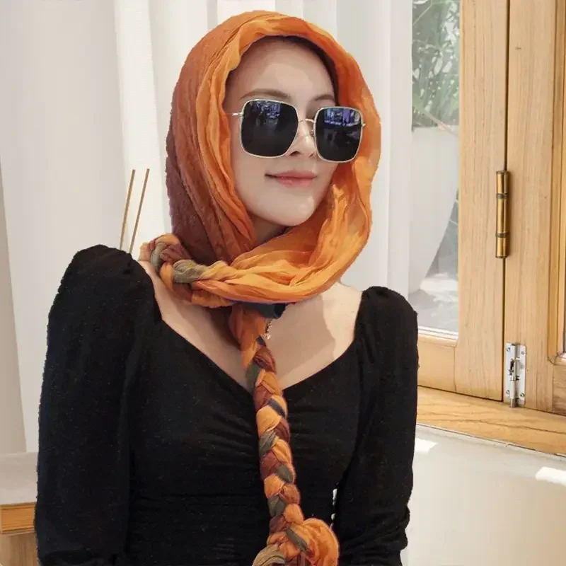 ฝ้ายลินินผ้าพันคอกันแดดสำหรับเด็กผู้หญิงหมวกแบบคาดศีรษะผ้าพันหัวสไตล์พื้นเมือง