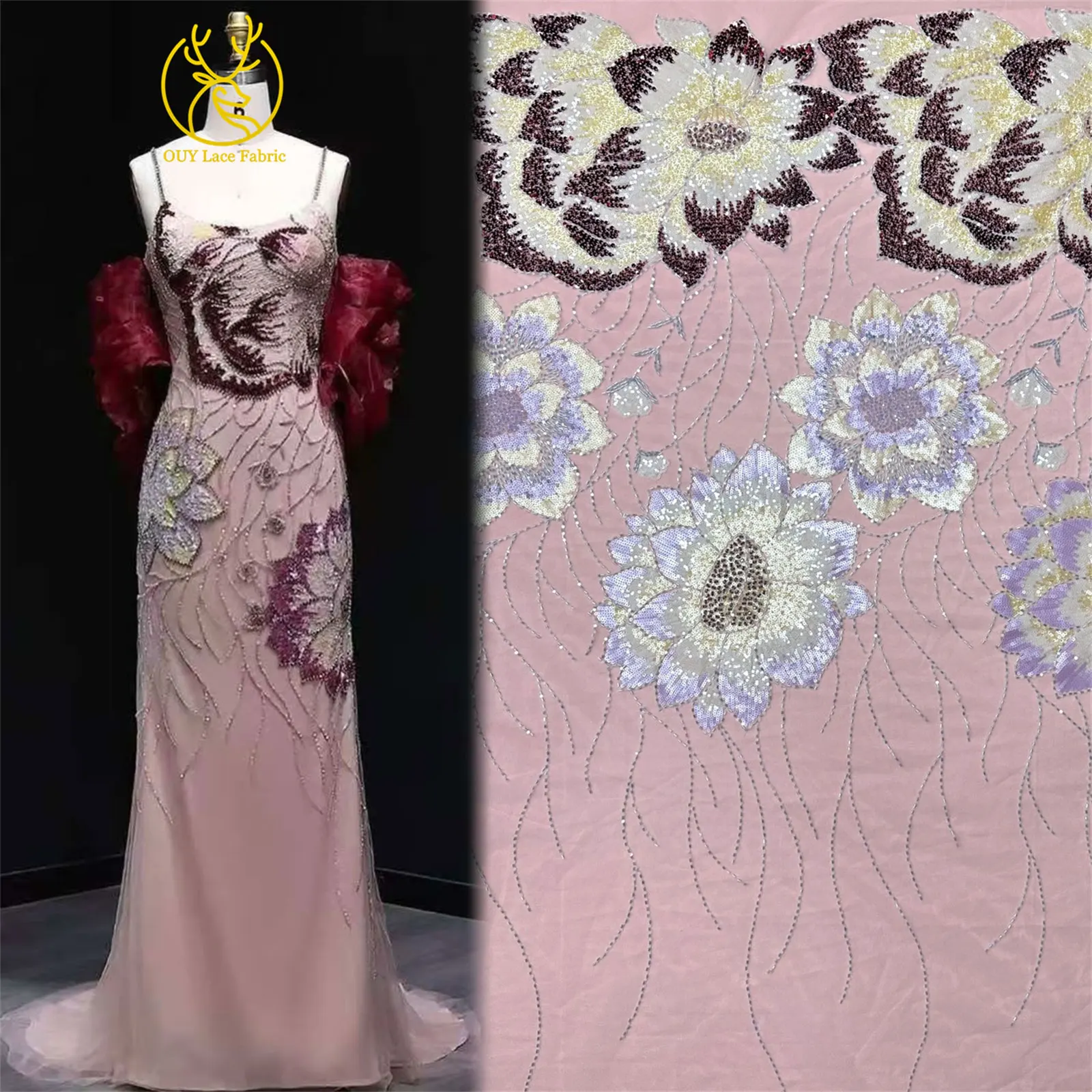 2026 Afrikanischer Bräutigam Bestickter Perlen-Spitzenstoff Modisches Design Französische Pailletten-Spitze Brautkleid Nähmaterial 5 Yards – Detail 6