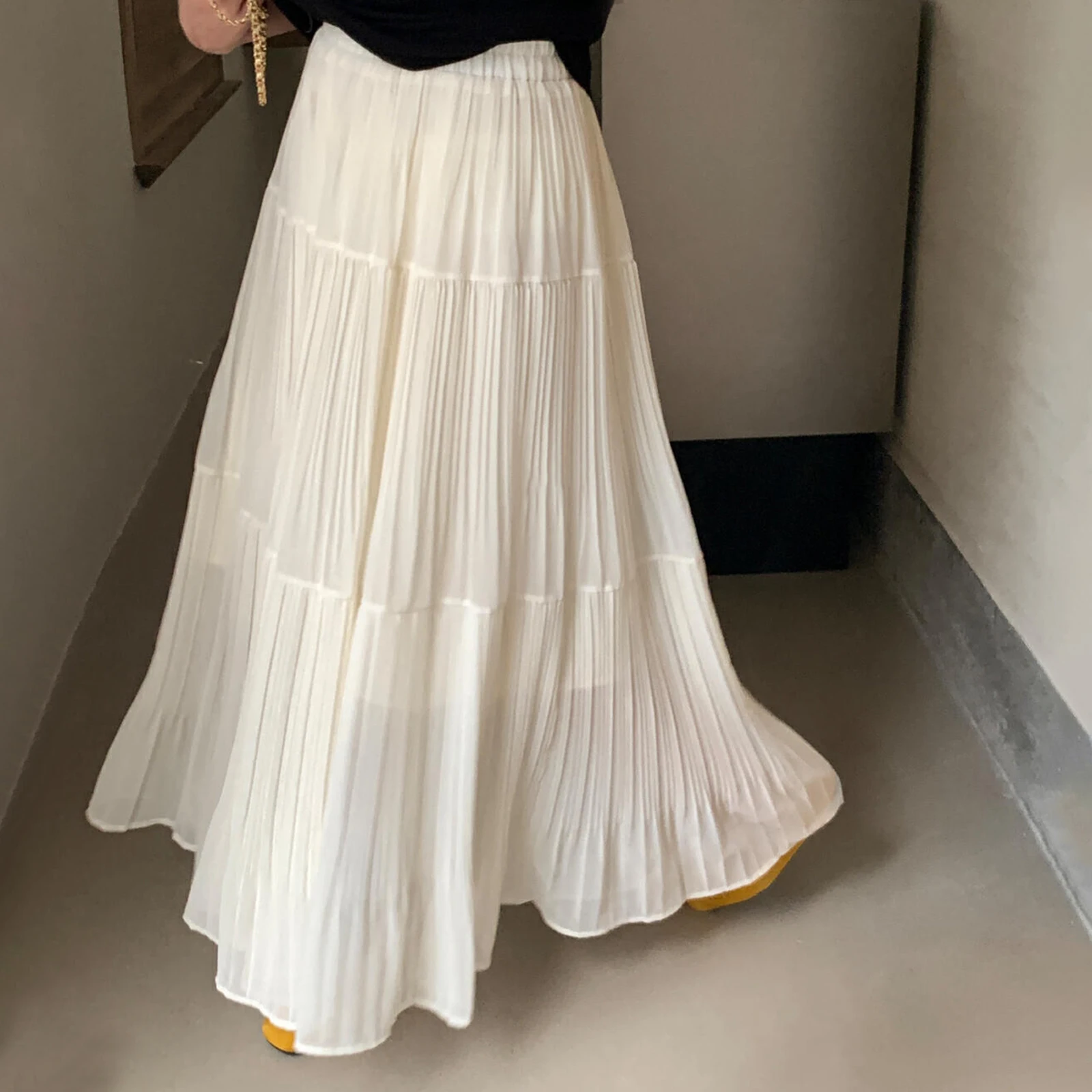 Gonna lunga a trapezio estiva da donna di nuova moda gonna fluida a pieghe tinta unita per lo shopping da spiaggia in viaggio vendita calda S-XL