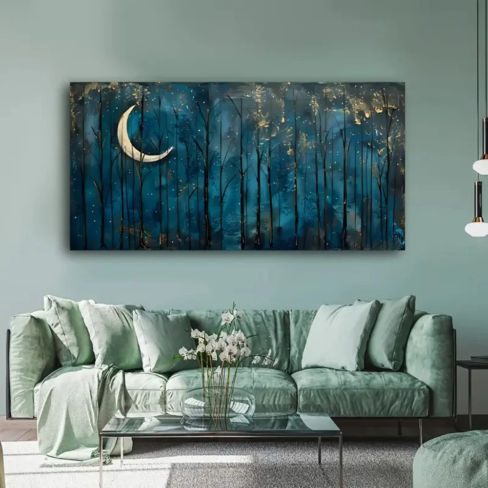 Melancholy Night Forest Mural Poster Canvas Painting Print Dark Blue Sky Star and Moon Wall Art for Home Bedroom Decor Frameless