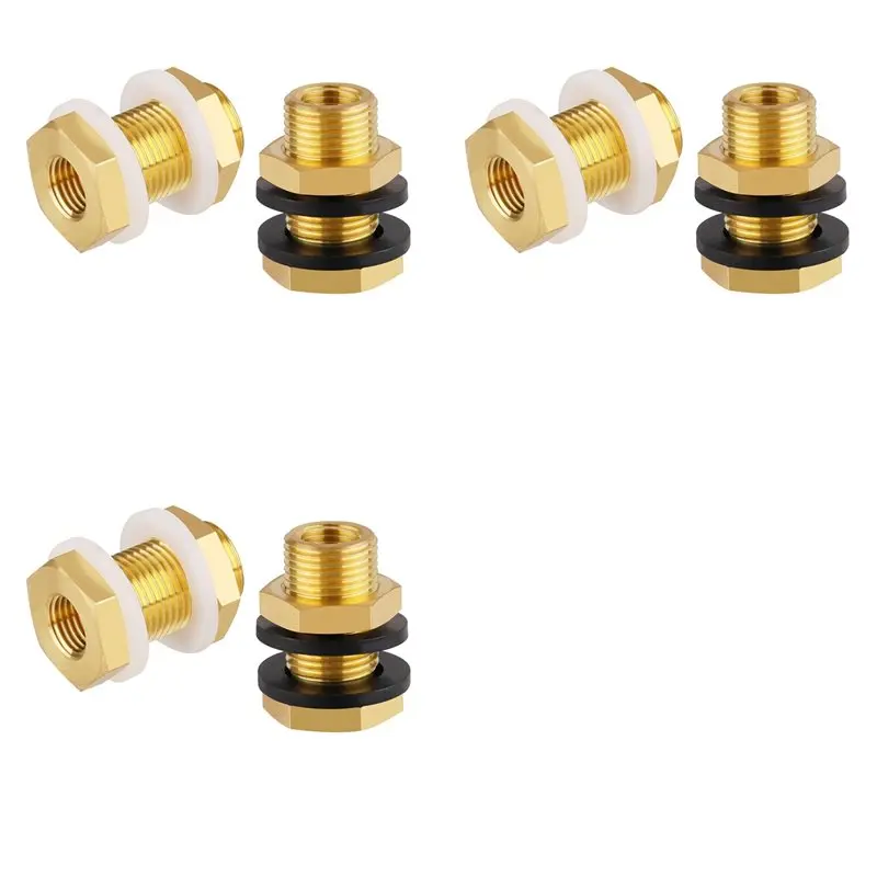 AB46-6-Pack Solid Brass Bulkhead Fittings, 1/4 NPT Taper Female 3/4 Inch Straight Male Thread Brass Water Tank Connector