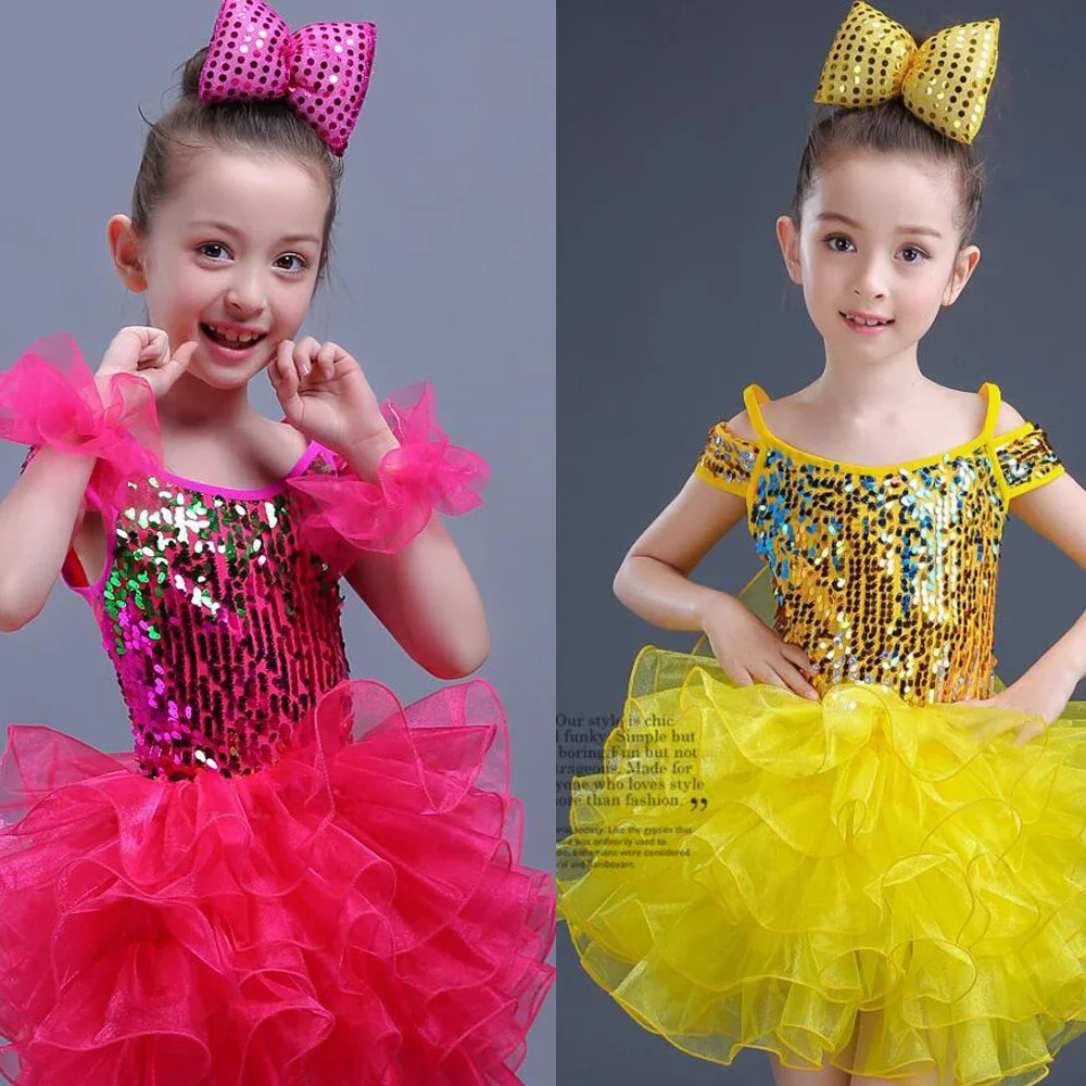 Performance Kleidung dicke ungeordnete Garn Tanz Outfits 4 Farben Mädchen Prinzessin Tanz tragen Kleid Ballsaal Party Pailletten Chor