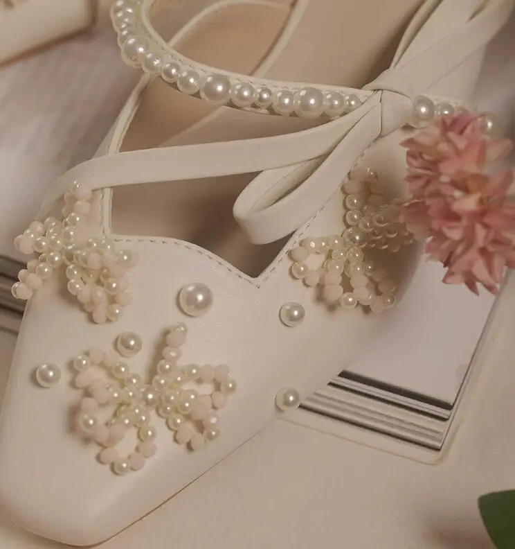 Pearl beadings bow Side Strap Slipper Sandals Close Toe Slingback Catwalk Kitten Heels Party Shoes image 3