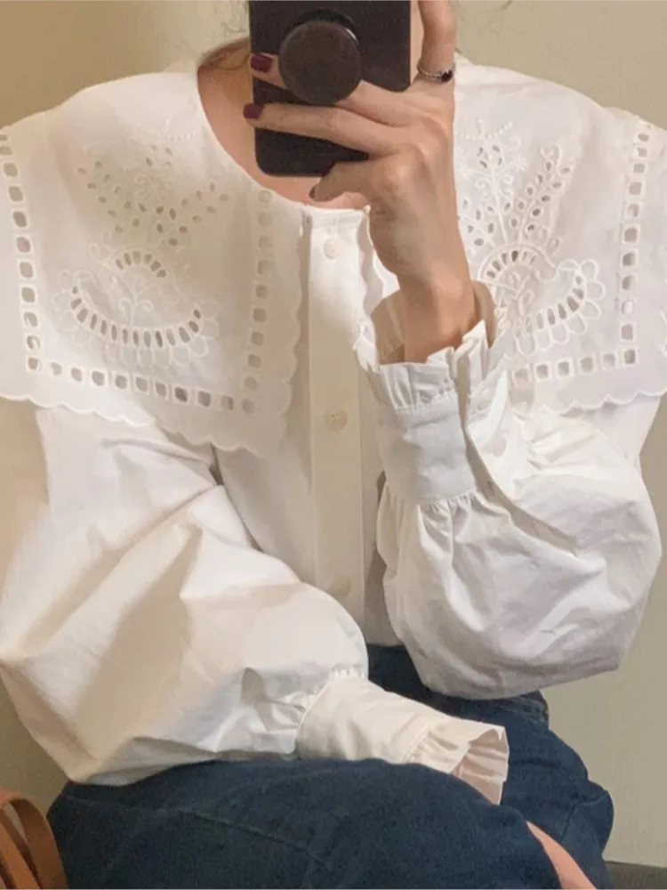 White Shirts Woman 2023 Autumn New Fashion Hollow Out Embroidery Korean Loose Blouse Elegant Chic Ruffle Button Up Shirt Femme