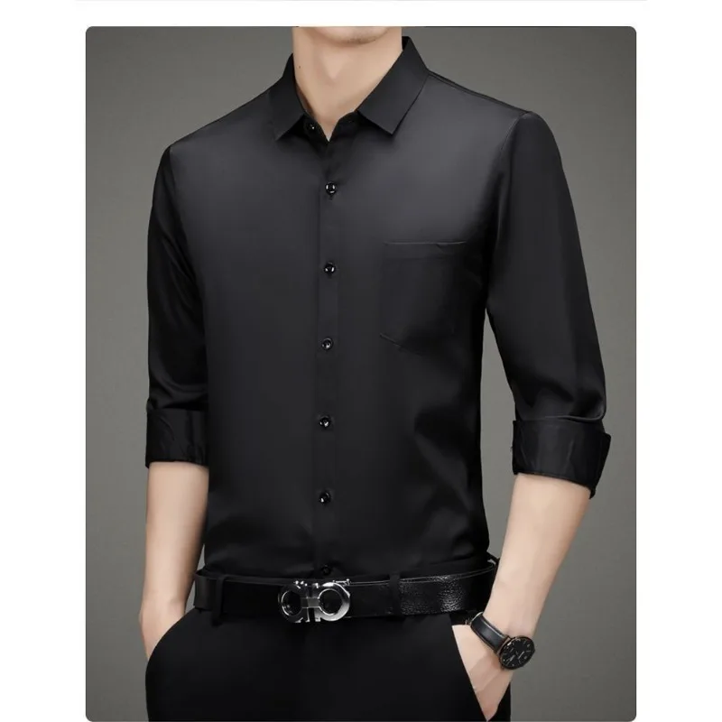 100% Moerbei Zijde Shirt Heren Hoge Kwaliteit Lange Mouw Zak High-End Business Casual Elastische Anti-Rimpel Niet-Ijzer Heren Shirts