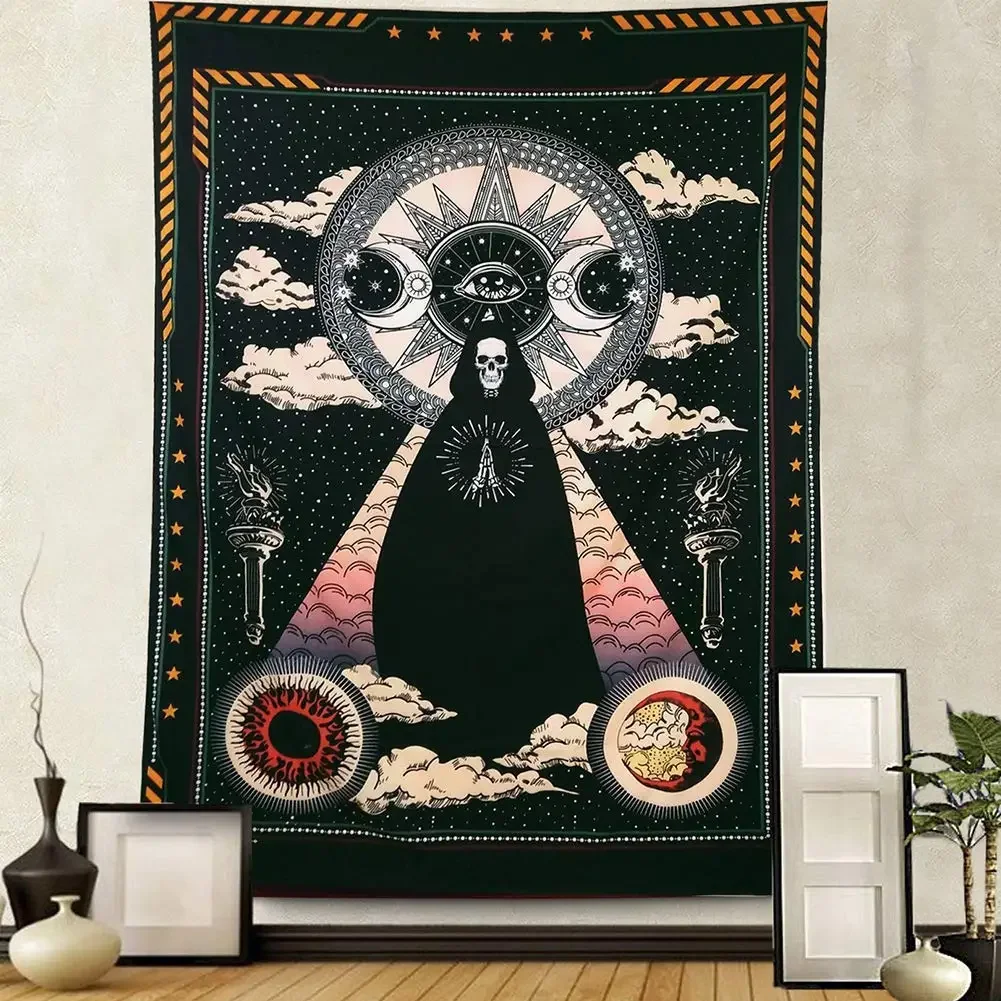 Sun and Moon Stars and Cloud Black Chakra Solar Gothic Tarot Tapestry Wizard Skull