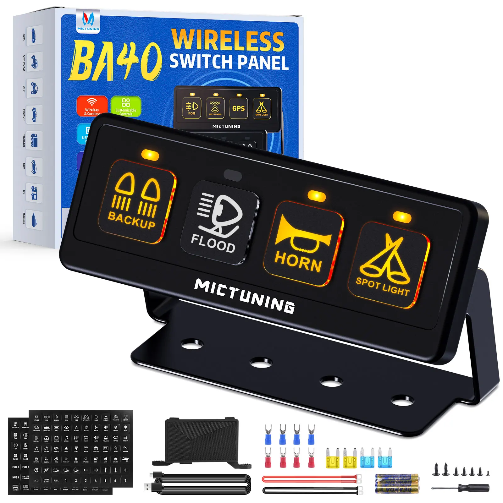 MICTUNING 4 Gang Wireless Switch Panel,12V 60A Car Universal ON-OFF Relay Switch Box,4 Control Modes For Truck Offroad Marine