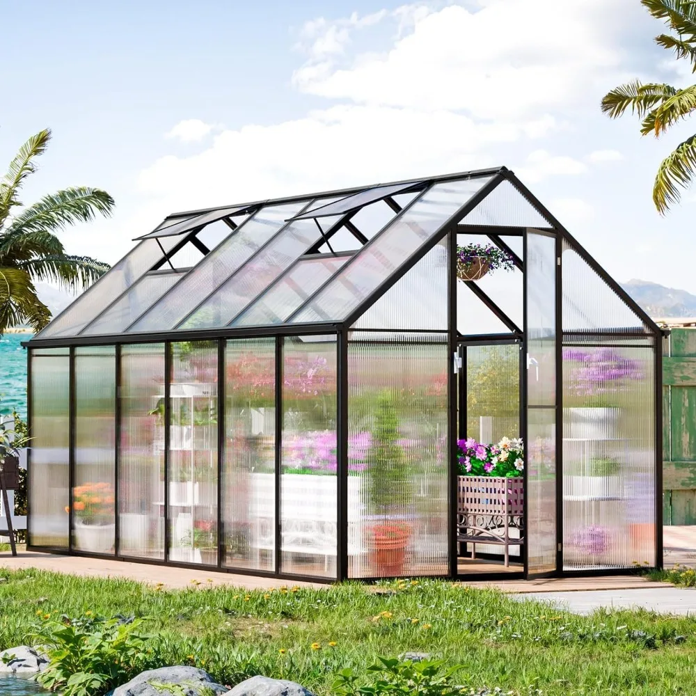 12x6 FT Greenhouse for Outdoors, Easy Assembly Aluminum Heavy Duty Polycarbonate W/2 Vent Window, Swing Door, Conservatory