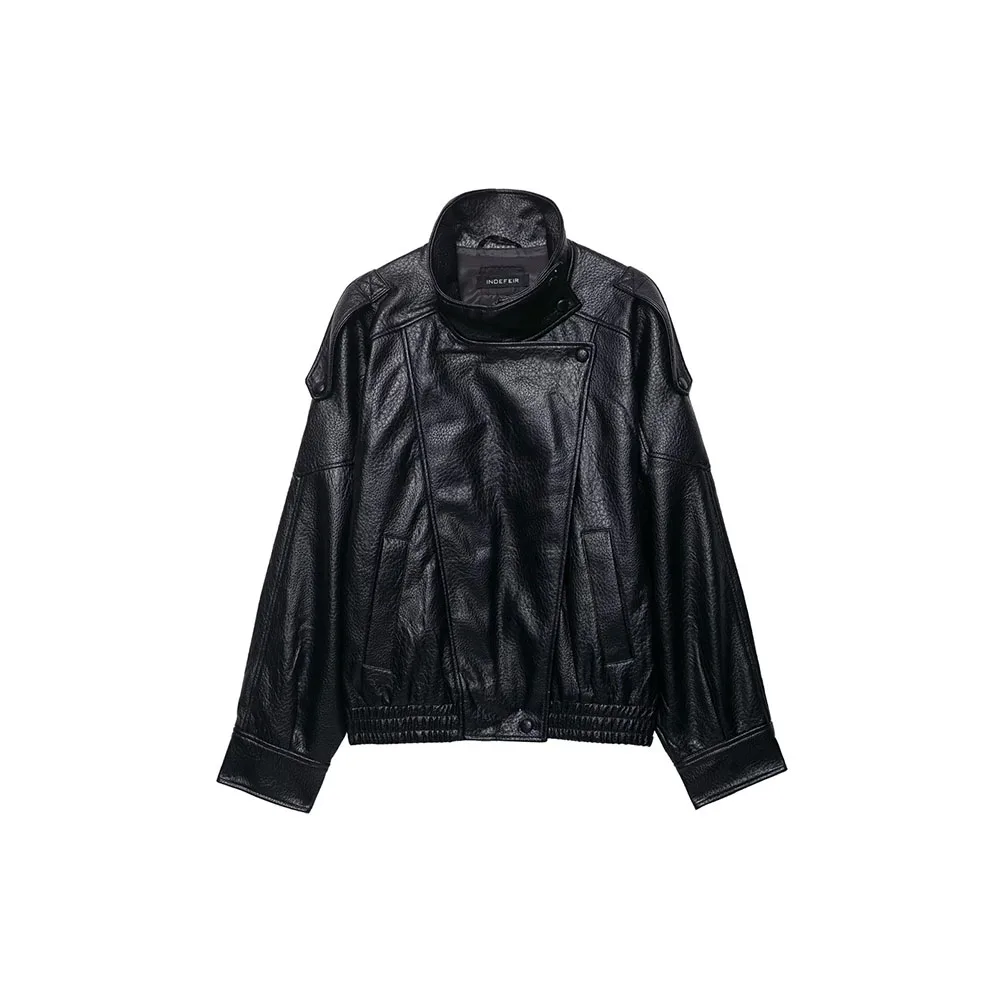 

Autumn new women's fashion motorcycle style loose fitting faux leather long sleeved stand up collar jacket jacket