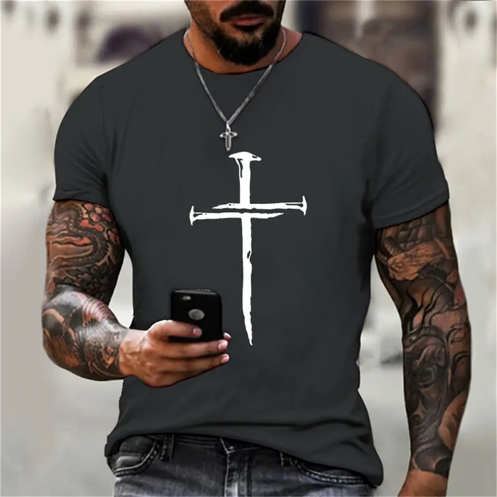 Men\'s T Shirt Personality Casual Jesus Cross Printed Hip Hop Short Sleeve Round Sport T Shirt Oversized Men Clothing Tops Summer