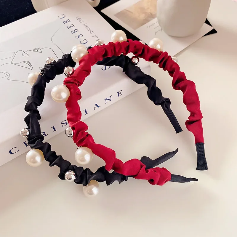 한국 우아한 트위드 스타일 진주 헤어밴드 실버 진주 헤드밴드 하이탑 헤어 우아한 프레스드 헤어 액세서리