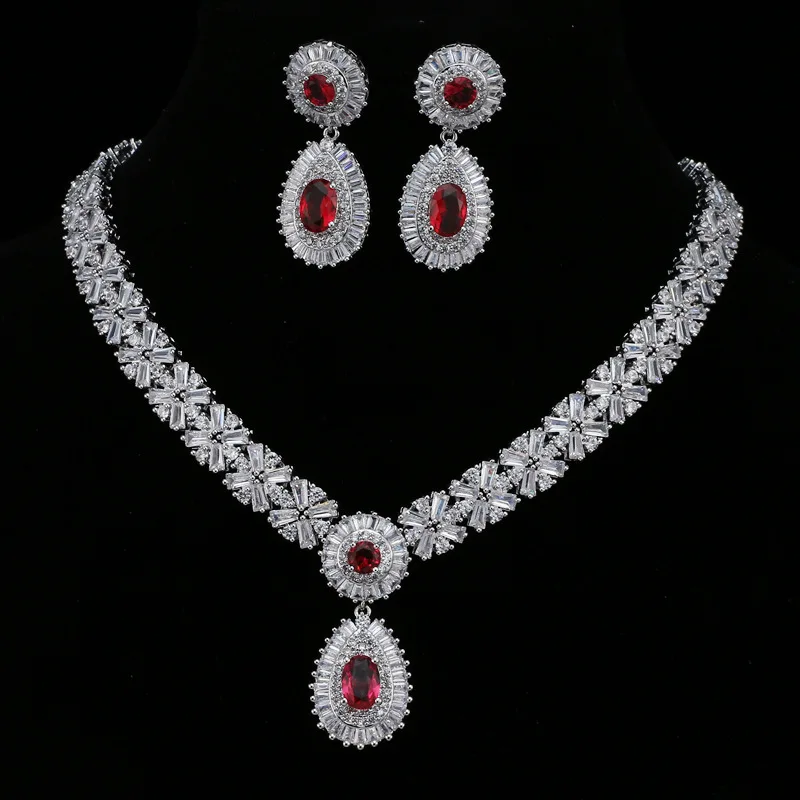 

Wedding Bride Luxury Jewelry Set Necklace Earrings Shiny Zircon White Red Green Blue Water Drop Jewelry Sets Anniversary Gift