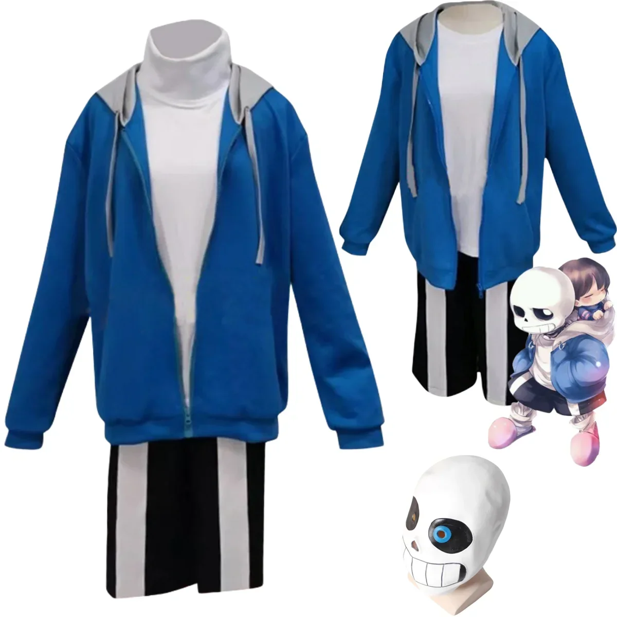 

Anime Game Undertale Sans Cosplay Costume Skeleton Brothers Blue Hooded Coat Mask Sportswear Man Woman Masquerade Ball Suit