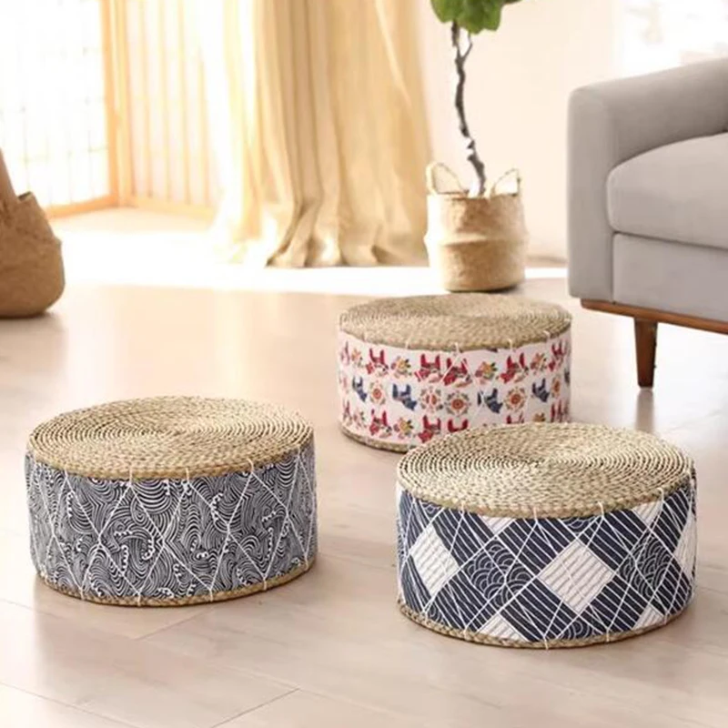 

30cm Japanese Straw Futon Pouf Floor Cushion Yoga Meditation Mat Bohemian Handcraft Round Ottoman Stool Sofa Woven Seat Pad