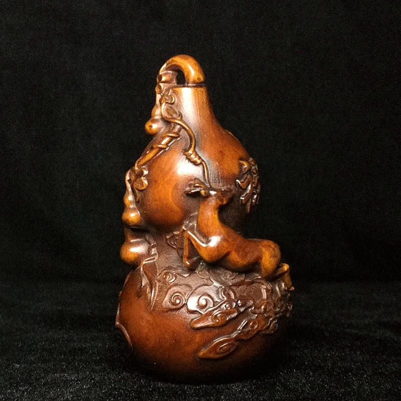 

1919 Antique art Size 3.2 Inch Chinese Boxwood Wood Hand carved Deer Lagenaria gourd family Fengshui pendan decoration Gift