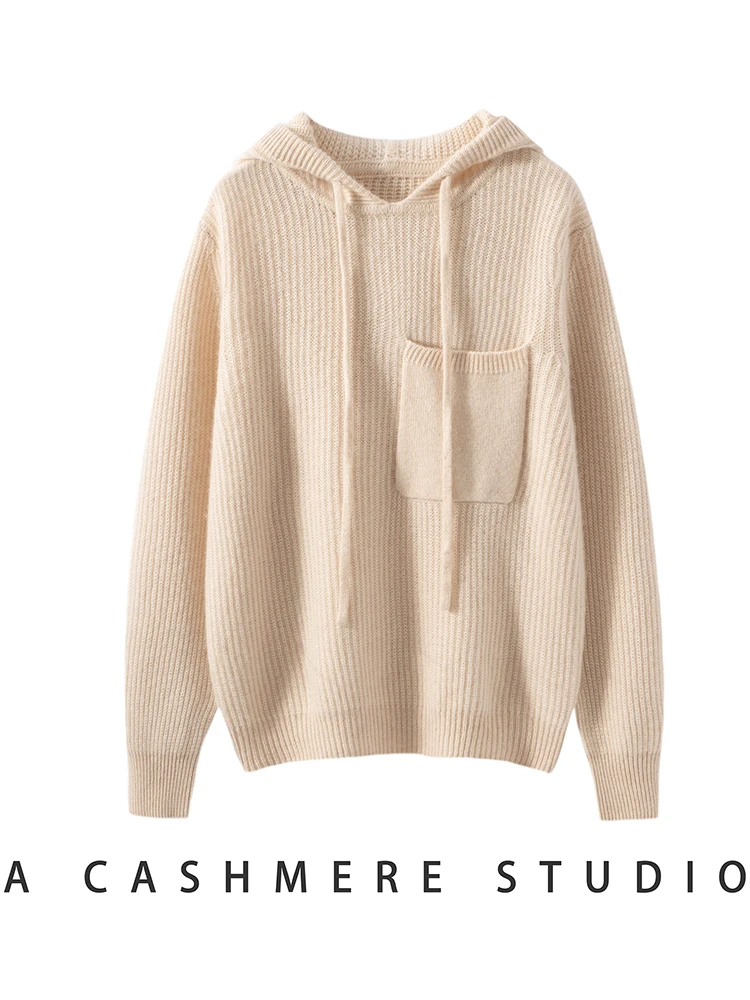 

TLOML Women's 100% Cashmere Sweater Pocket Hoodie Pullover Autumn Winter Casual Loose Cashmere Knitwear Soft Warm Thick Tops