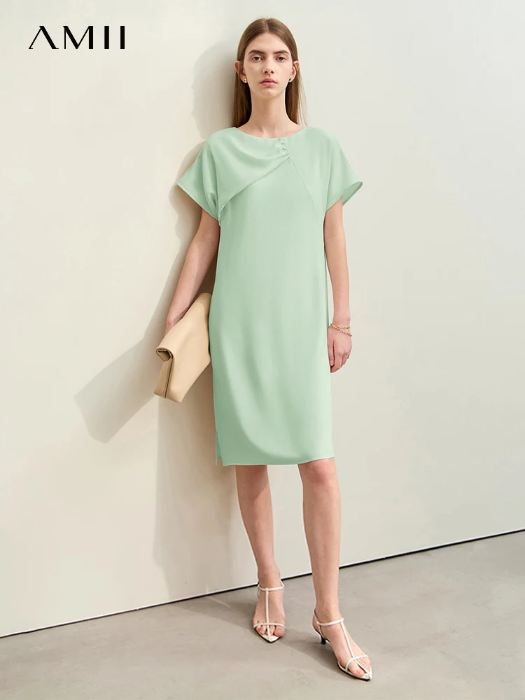 

Amii Minimalism Pleated Dress for Women 2024 Summer New O-neck Asymmetrical Loose Short-sleeve Split Chiffon Dresses 12422084