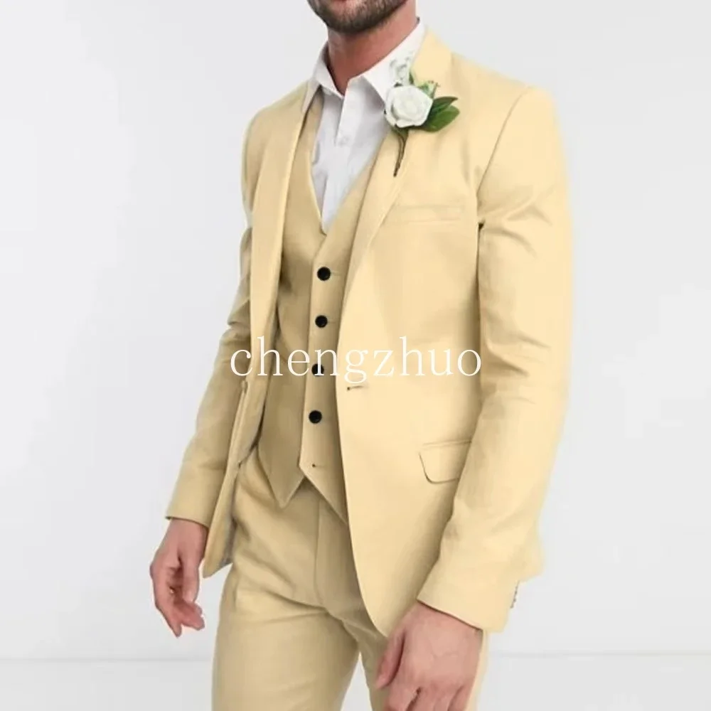 クラシックな3ピースメンズタキシードスーツ、ノッチドラペルブレザー、ベスト、パンツのセット、結婚式パーティー用フルメンズテルノ