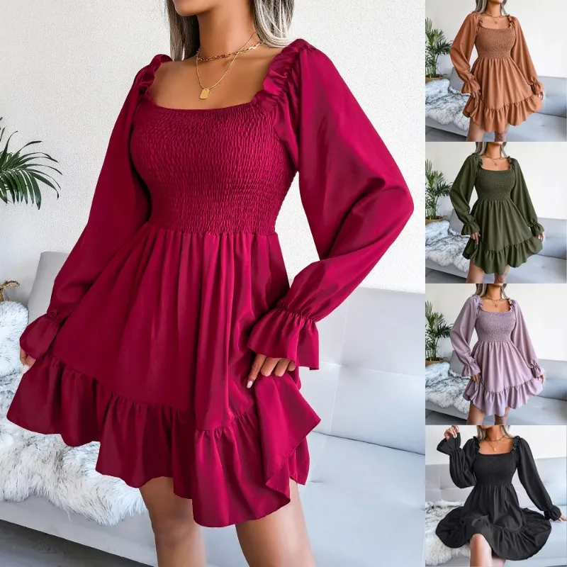 

Women's Elegance Fashion Long-Sleeve Square-Neck Skirt Solid Color Ruffle Dress Female Flare Sleeve Bohemian Beach Dress