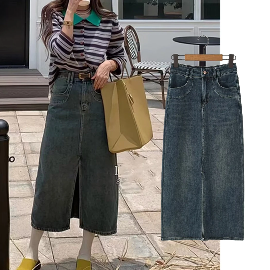 Maxdutti Ins Fashion Blogger Denim Skirt High Street Slit High Waist Retro Washed Old Straight Midi Skirt Female