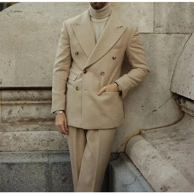 

Men's Business Suit Double Breasted Peak Lapel Beige Suit 2pcs Jacket Pants Autumn winter fashion new suit set Men Business Coat