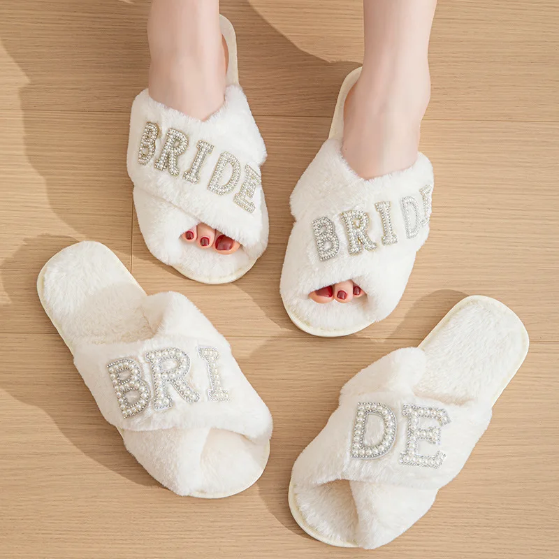 لؤلؤة رسالة رقيق فروي النعال للنساء لينة وحيد عبر حزام الفراء الشرائح امرأة شتاء دافئ أفخم النعال المنزل لحفل الزفاف #3