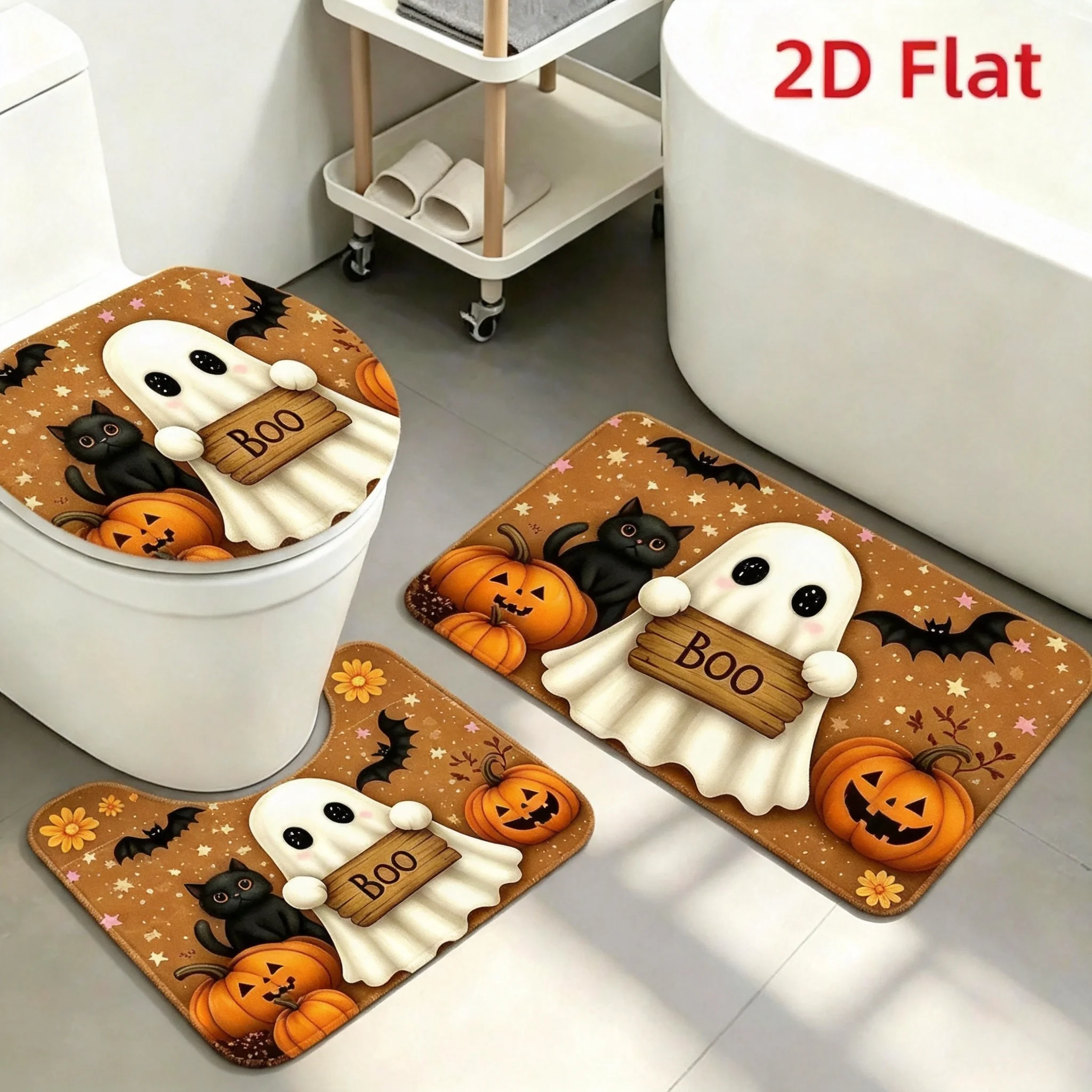 Cute Ghost Pumpkin Halloween Bathroom Rug Set, Non Slip Holiday Bath Mats