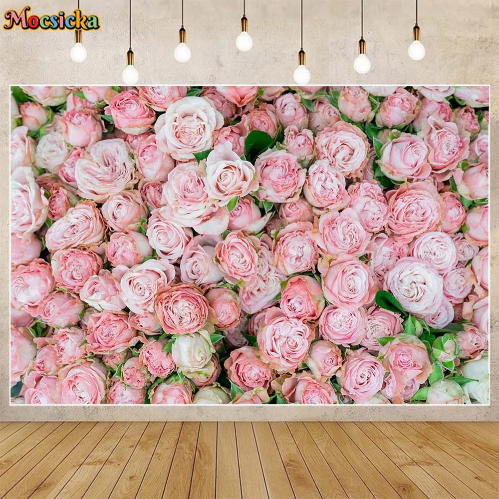 Mocsicka Pink Flower Wall Photo Background Floral Rose Wedding Decorations Baby Portrait Photography Backdrop Photo Studio Props