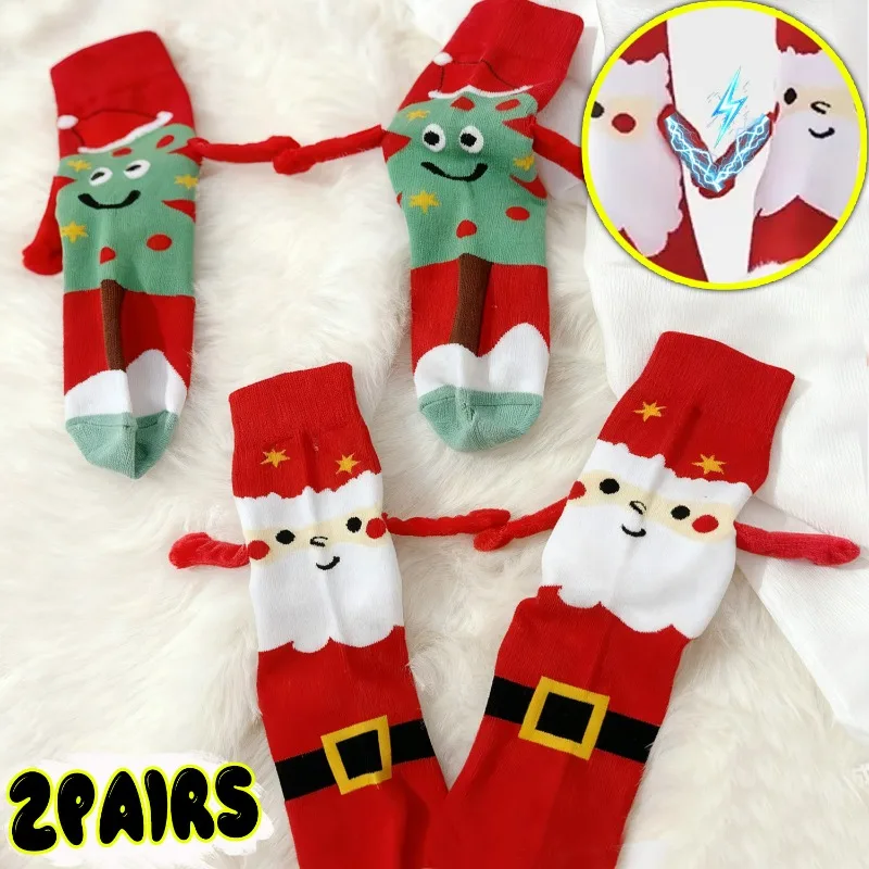 

1/2 пары носков с магнитным рождественским узором из мультфильма, зимние носки «рука об руку», Санта-Клаус, рождественская елка, хлопковые чулки средней длины