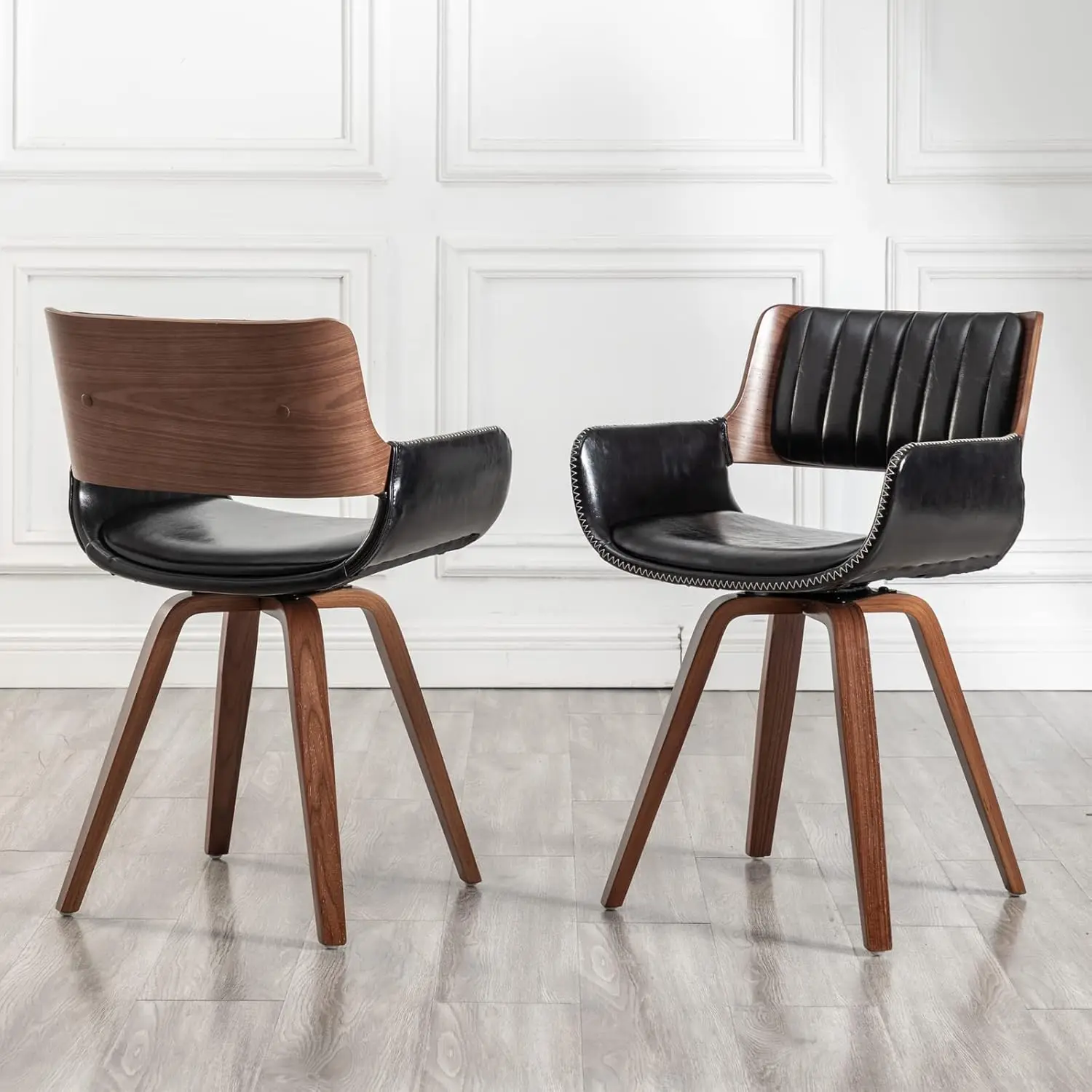 

Swivel Accent Faux Leather Dining Chairs Set of 2, Mid Century Modern Chairs with Wooden Legs/Armrest/Upholstered Seat/Adjustabl