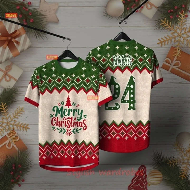 Custom Number Christmas Football Jersey T-shirt Unisex New Year Sport Jersey 3D Print Santa Claus Graph Short Sleeve T-shirt