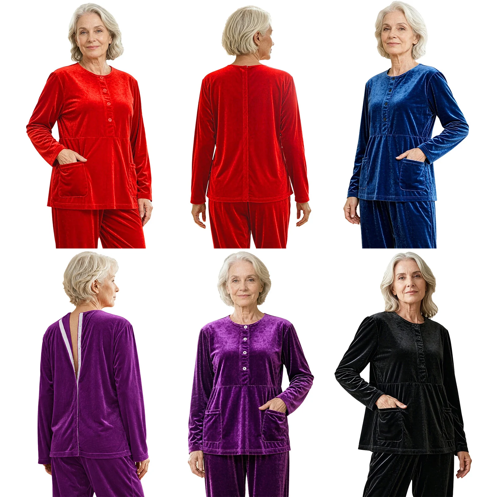 Women Adaptive Velvet Casual Top Long Sleeve Press Buttons Open Back Tops with Pockets for Elderly Nursing Home Recovery Outing