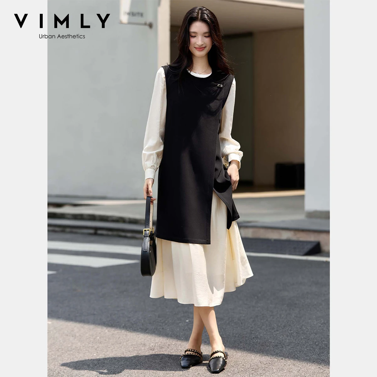 

VIMLY Women's Autumn Two Piece Set French Style 2025 Black O-neck Waistcoat Apricot Long Dresses Casual New Matching Sets A3095