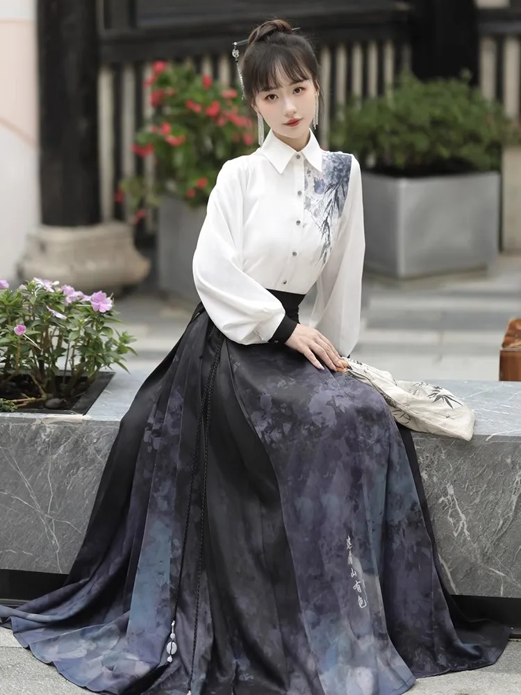 Shadow Original Ming Hanfu Women's National Style New Chinese Ink Shirt with Horse Face Skirt Daily Commuting Suit Spring