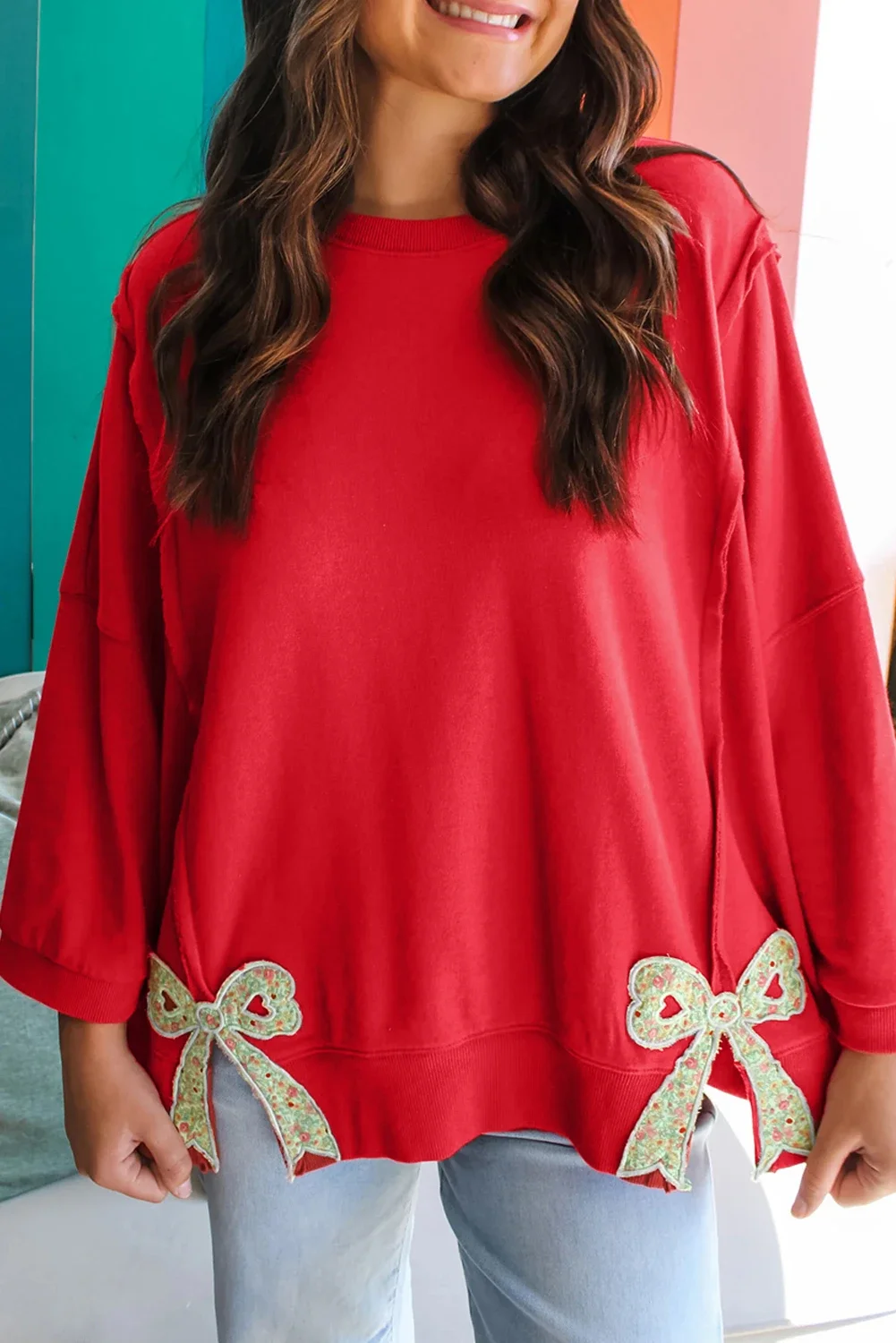 

New Arrival 2026 Wholesale Floral Bow Patched Exposed Seam Patchwork Slit Baggy Sweatshirt For Women