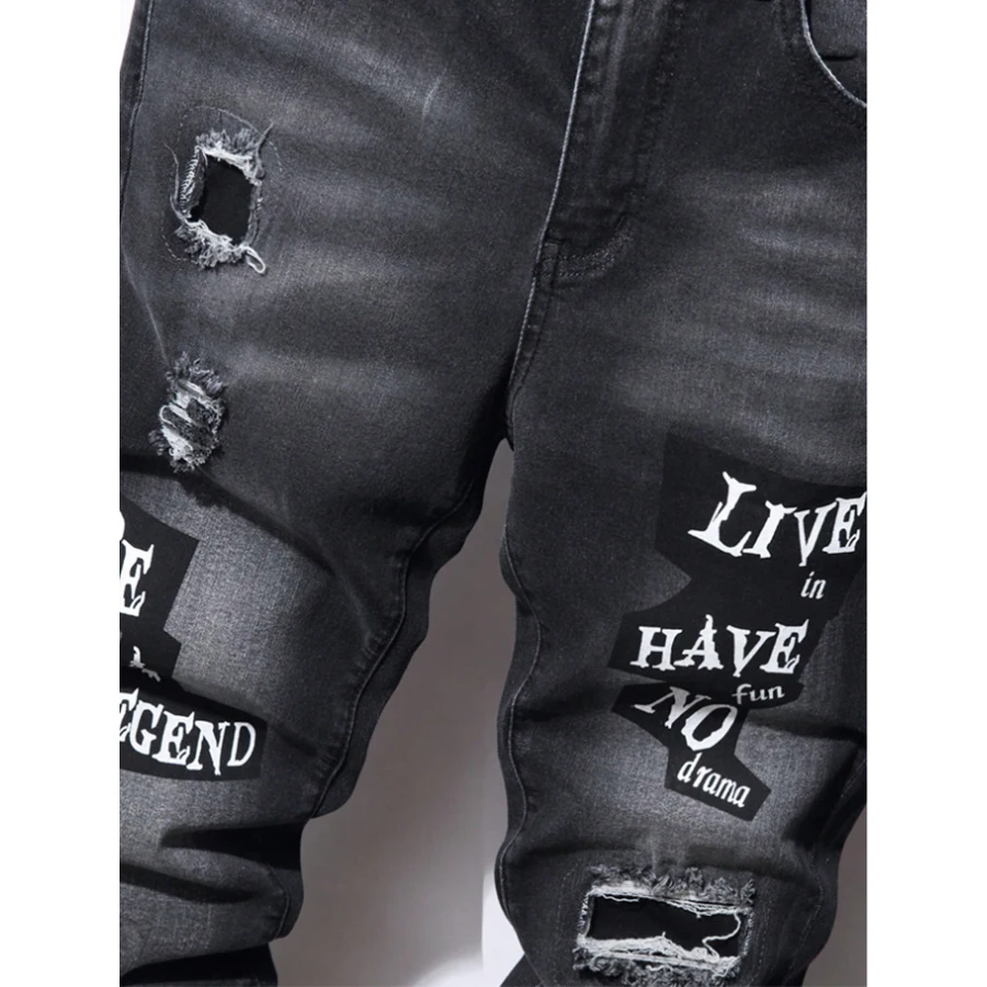 Trendy street style English letter patch denim jeans for men, vintage distressed slim-fit narrow-leg cool trousers