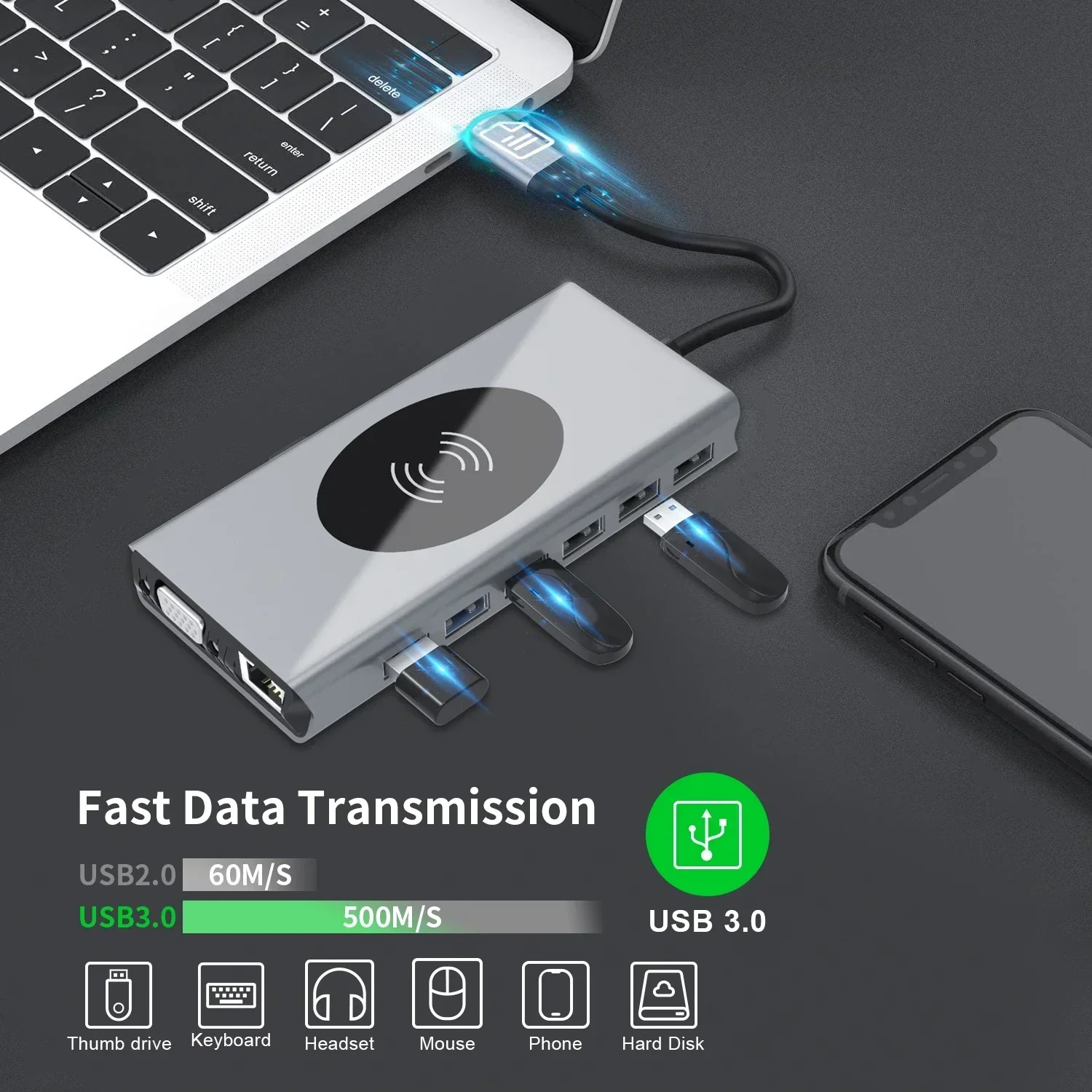 Docking Station15in1 พอร์ต USB C HUB HDTV 4K Docking Station พร้อม RJ45 Ethernet 1080 P VGA PD ชาร์จการ์ด