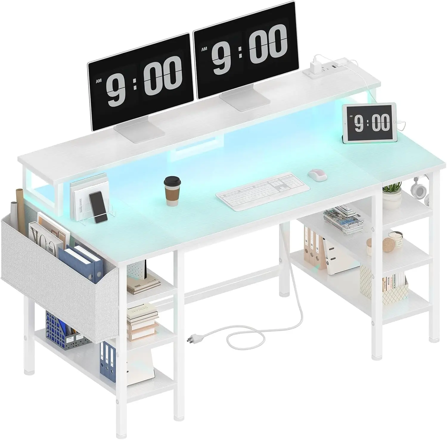 

47-дюймовый белый игровой стол со светодиодной подсветкой, розетками и полками для хранения для домашнего офиса