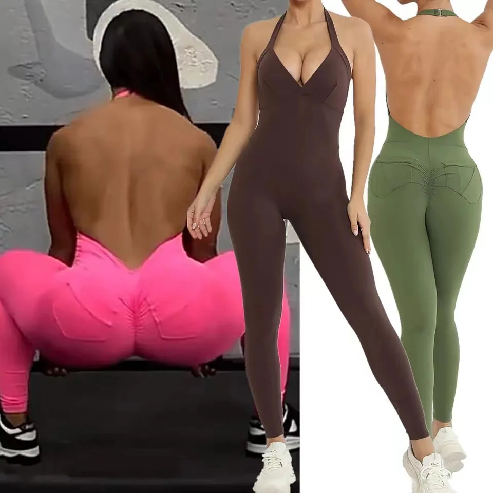 Pad Halter V Scrunch Romper Vrouwen Een Stuk Jumpsuit Workout Yoga Set Open Rug Gymkleding Scrunch Proof Butt Gym Actief Pak