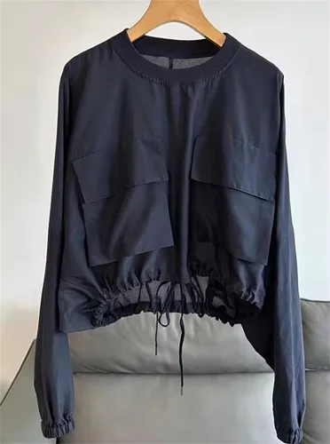 Blusa fina de manga larga con cuello redondo para mujer, camisa informal holgada y envejecida, ropa versátil con cordón, color azul