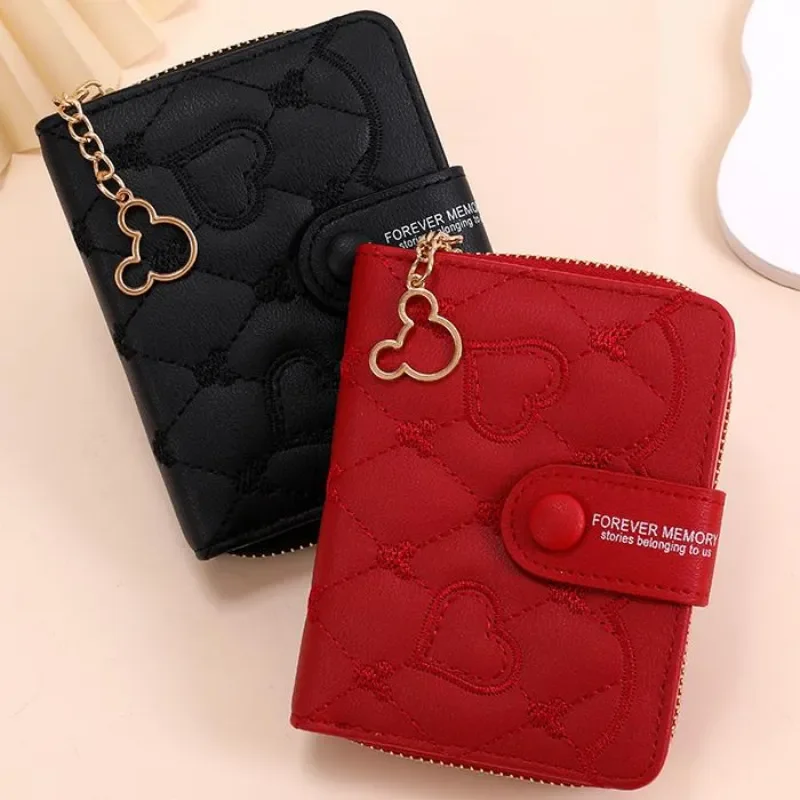 New Disney Mini Wallet Mickey Mouse Embroidery ID Card Holders Girls Coin Purse Fashion Short Zipper Wallet for Women