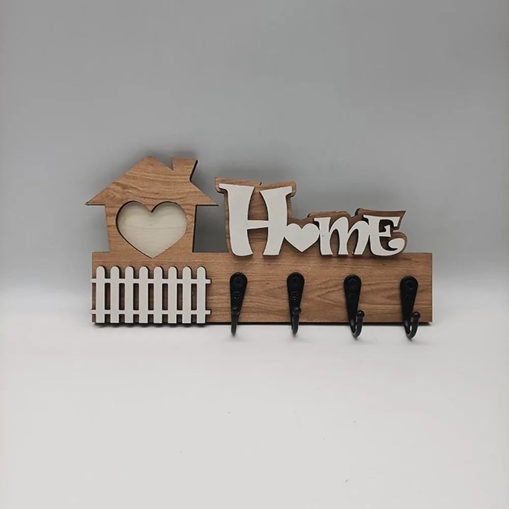 Wooden Crafts 4 Hooks Wooden Key Hook Vintage Decorative Key and Accessory Hanger Rustic Wall Storage Rack Entrance Decoration