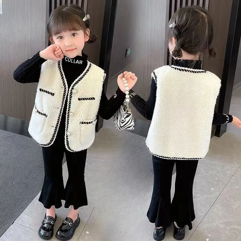 Girl's Winter 2025 Trendy Fleece Lined Korean Vest Coat Cute Chic Quilted Jacket for Kids Warm Outerwear with Pilling Fabric