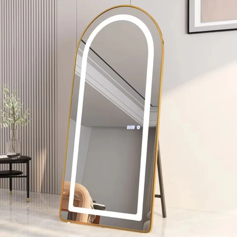 

Beauty Salon Mirror with Led Floor Light Large Mirror with Shelf Full Size Length Mirror with Metal Frame Big Arch Standing