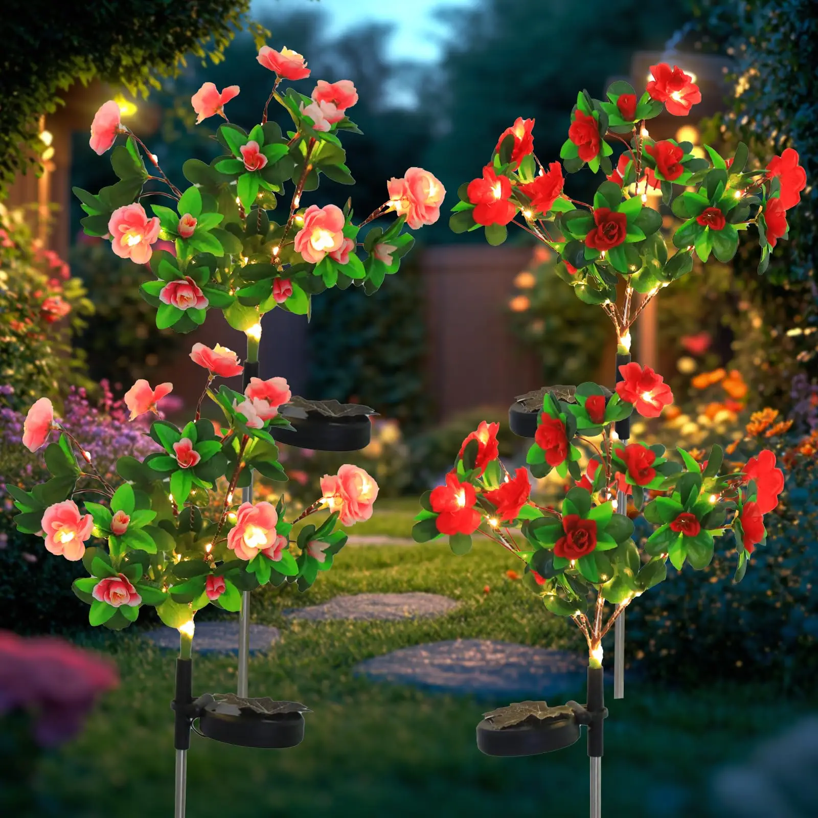 

Солнечные садовые светильники для улицы, водонепроницаемые светильники на солнечных батареях в виде искусственных цветов азалии для двора, дорожек, патио, веранды